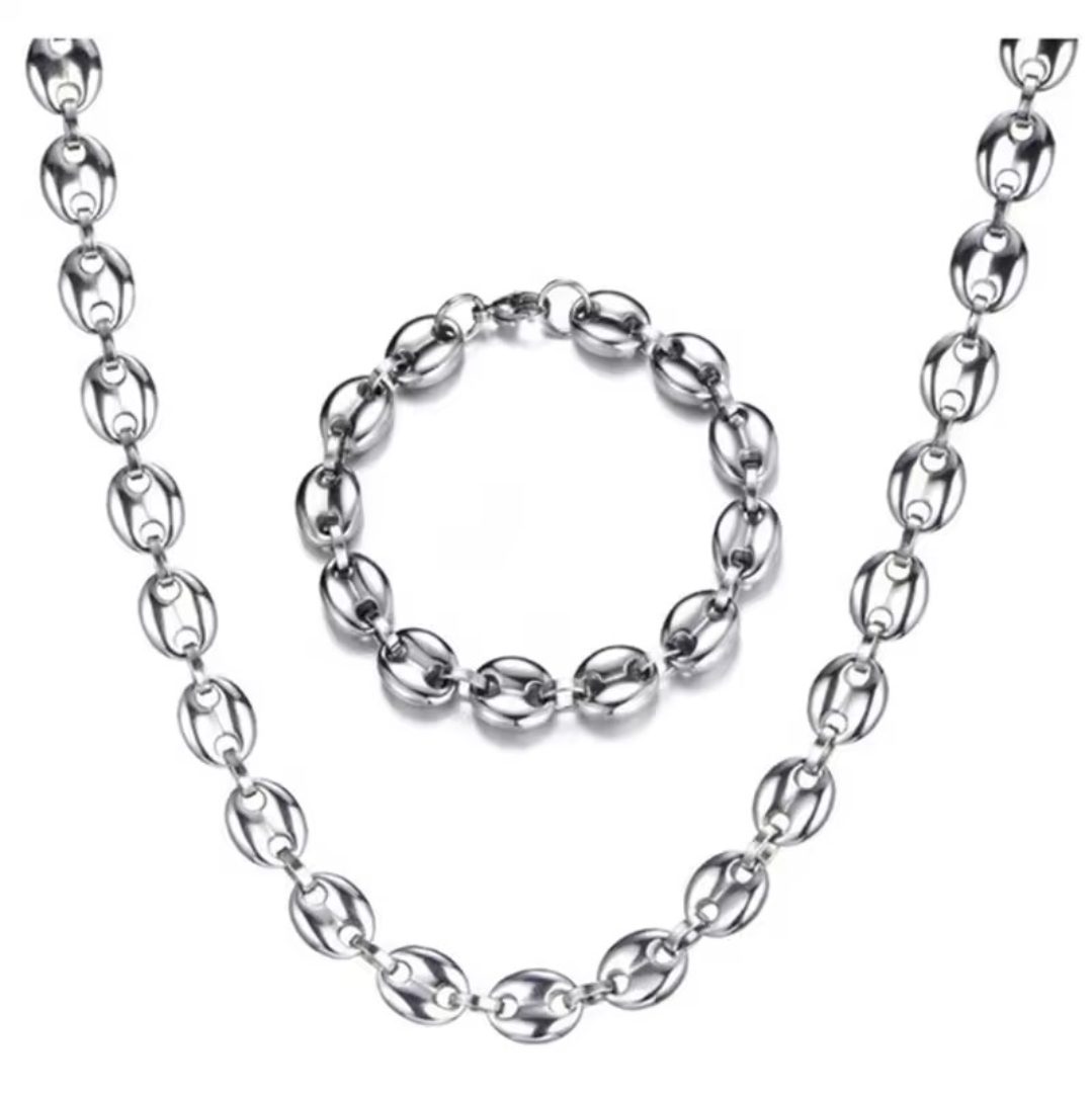 Collier et bracelet graine café acier inoxydable