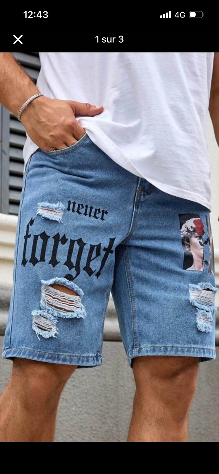 Short en jean délavé homme bleu clair imprimé Never Forget