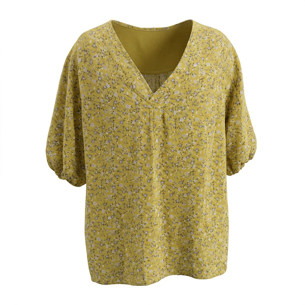 Blouse fluide jaune moutarde à fleurs - Manches 3/4 - Taille S/M (36/38) — La Réunion