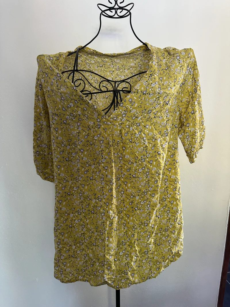 Blouse fluide jaune moutarde à fleurs - Manches 3/4 - Taille S/M (36/38)