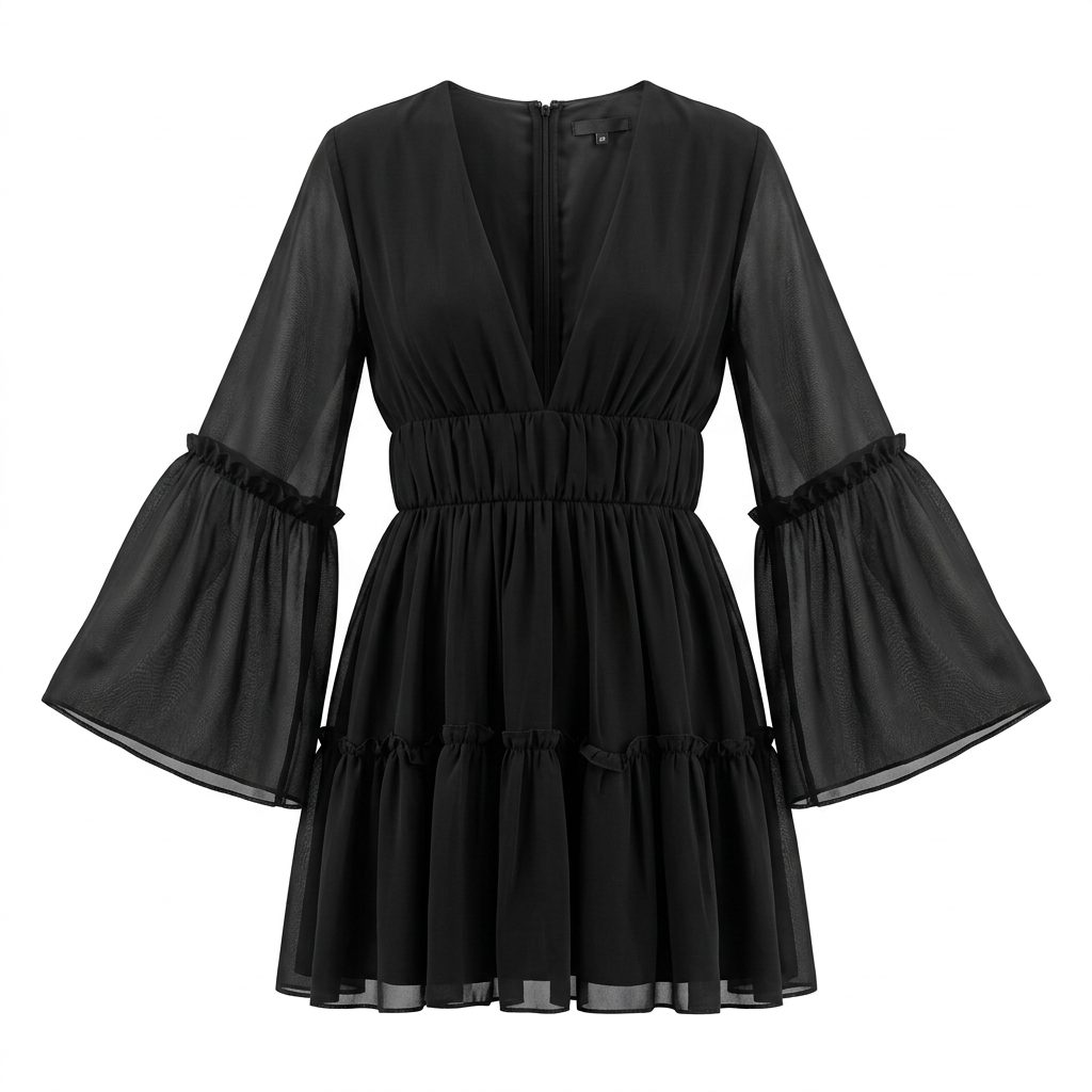 Robe noire courte Shein - Manches évasées et volants - Taille XS (34) — SHE IN — La Réunion