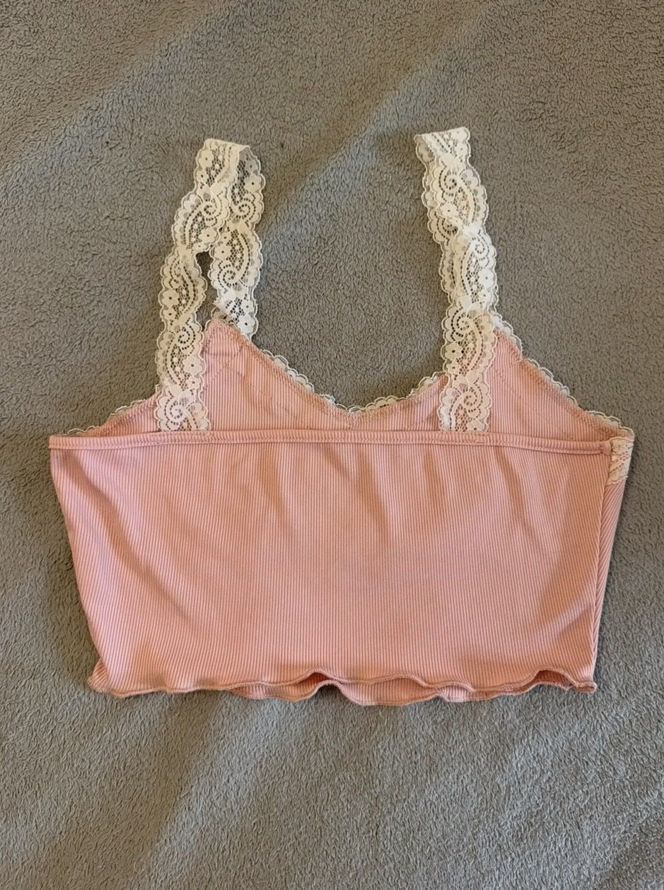 Débardeur crop top rose à dentelle crème taille M