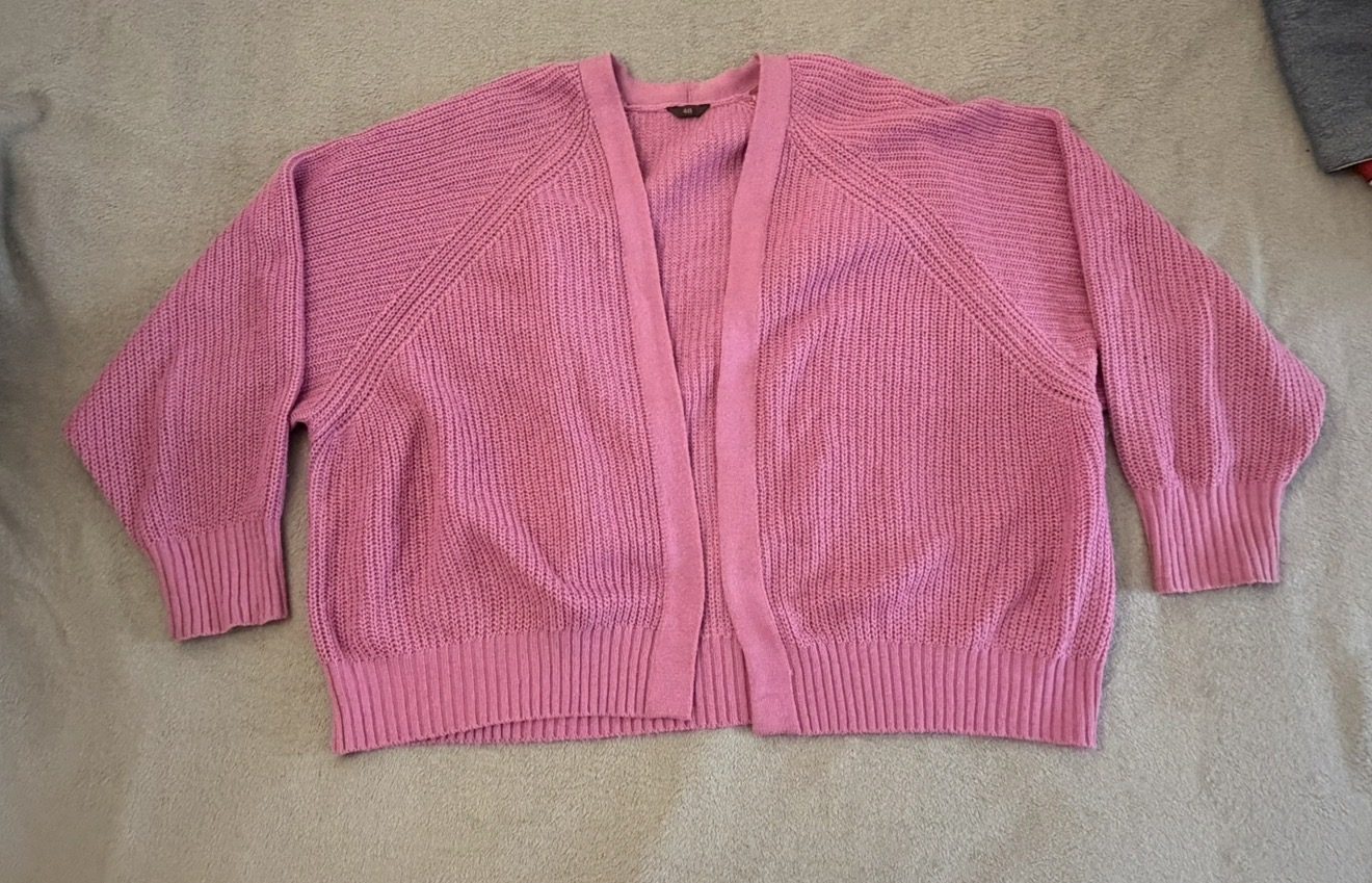 Gilet cardigan rose en maille, taille 48